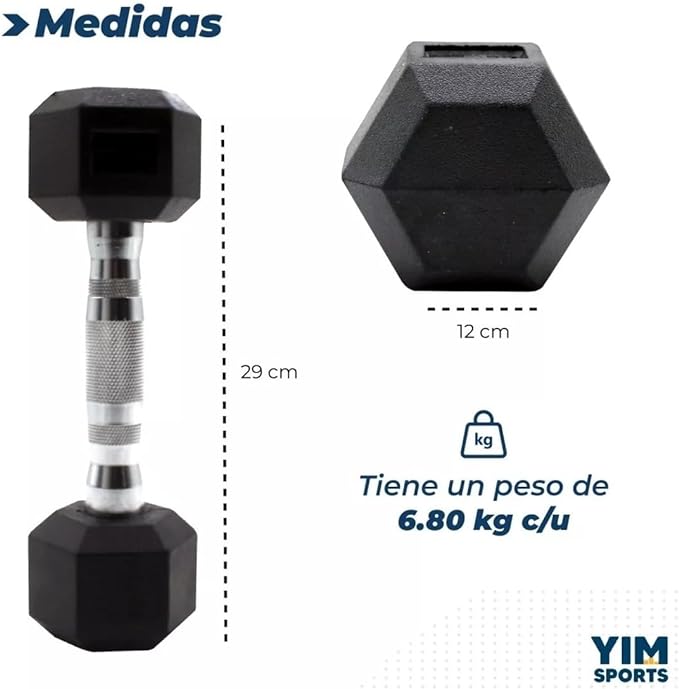 Par de Mancuernas Hexagonales de Acero con Forro de Caucho 2 Mancuernas - 15 LB