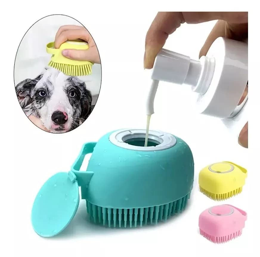 Cepillo de Baño para Perro y Mascotas de Pelo Corto y Largo de Silicona Suave con Dispensador de Champú