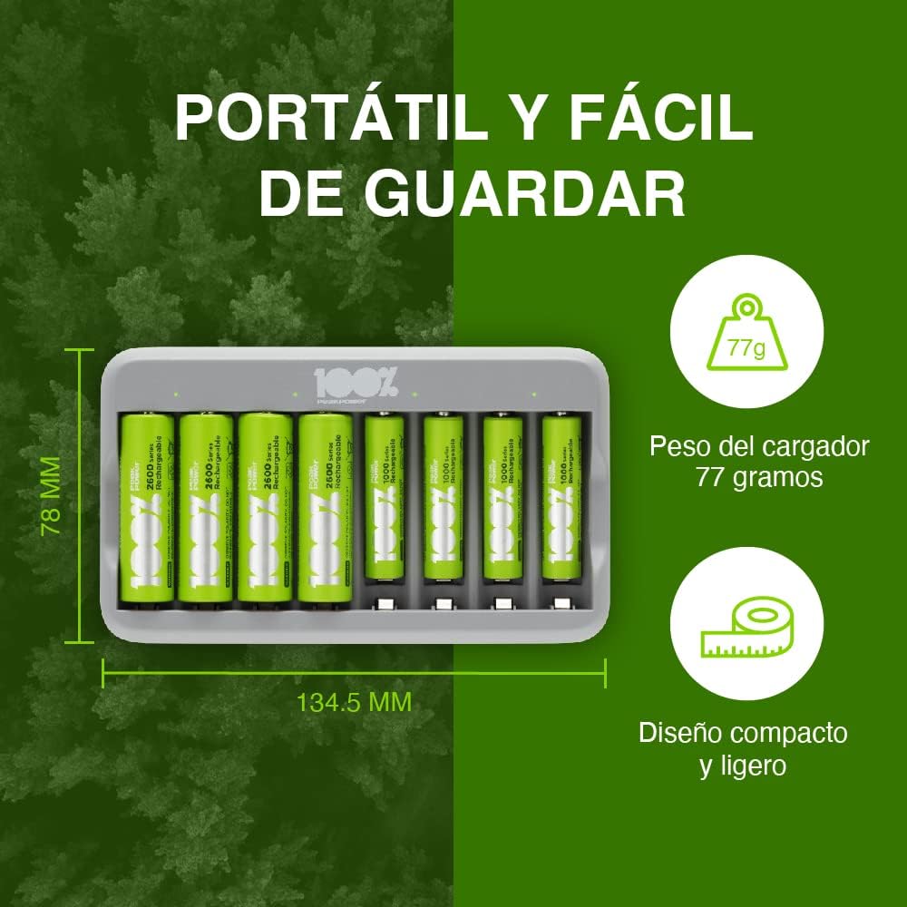 100%PeakPower Cargador Pilas Recargables AA y AAA