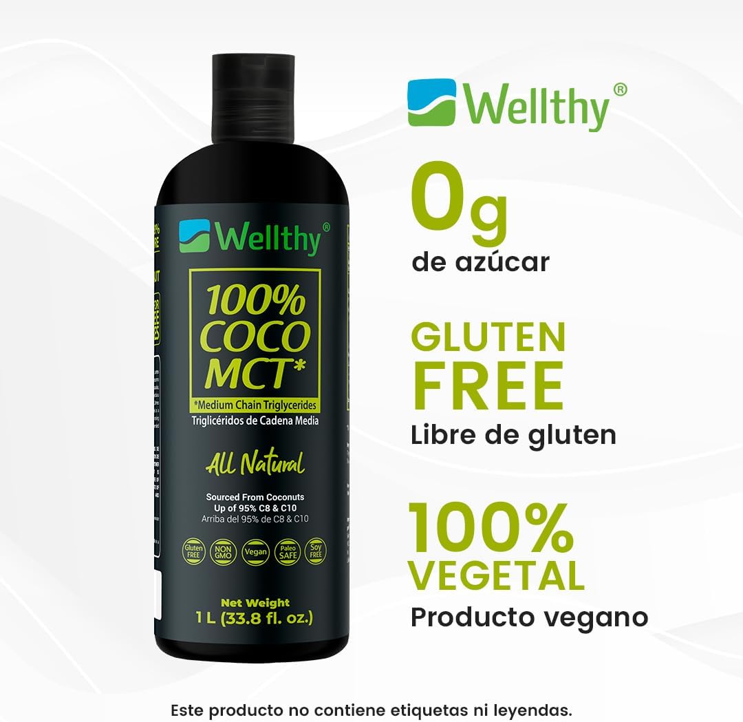 Wellthy MCT Oil 1 Litro, 66 Porciones, Ácido Caprílico 100% Puro y Natural de Coco, KETO y Paleo Safe