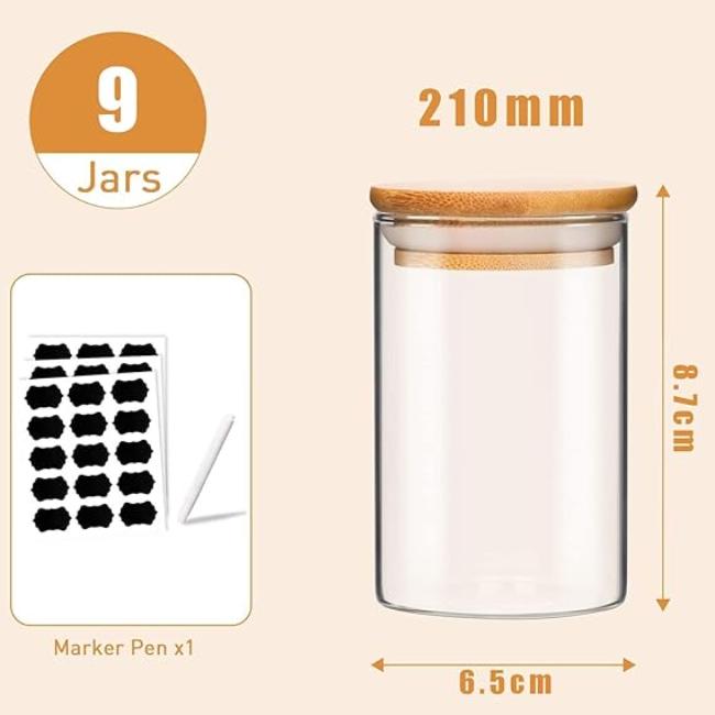 VEKENSEE - Recipientes de Avena, 9 Pack Tarros de Vidrio con Tapa Hermética - 210ML