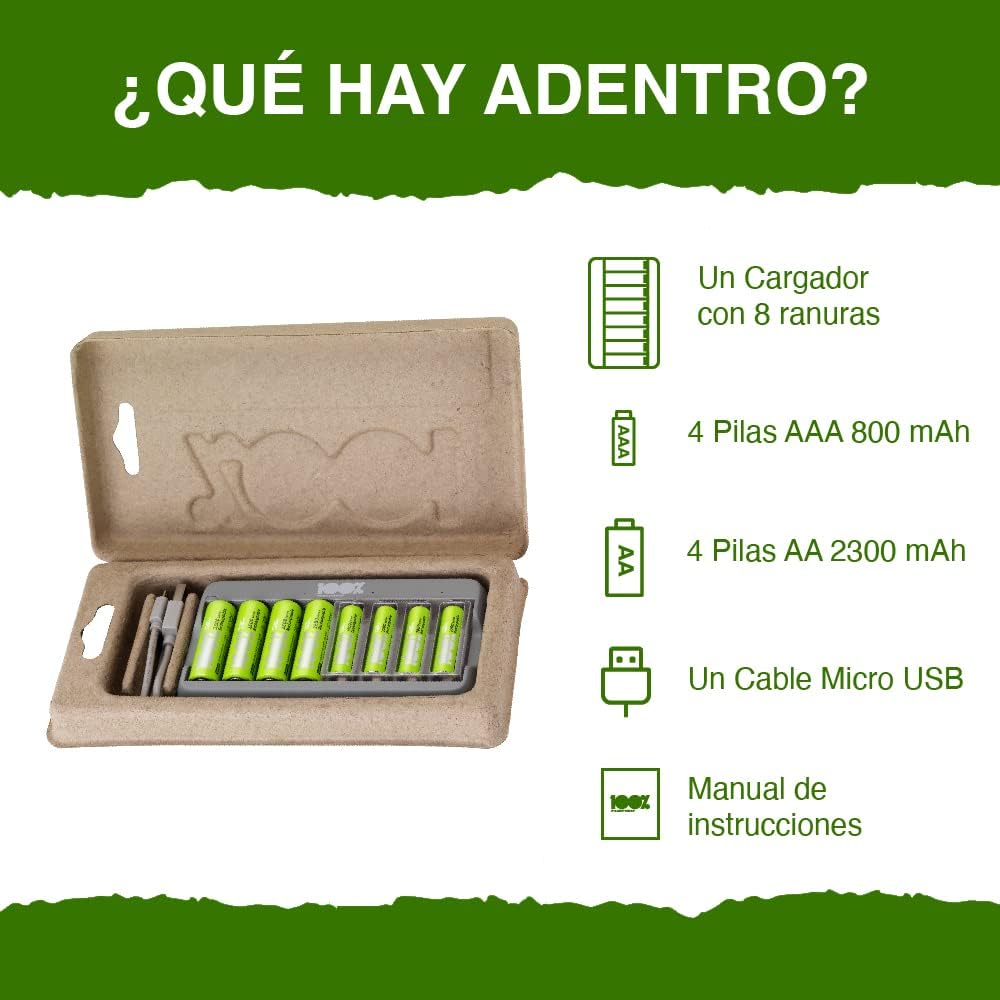 100%PeakPower Cargador Pilas Recargables AA y AAA