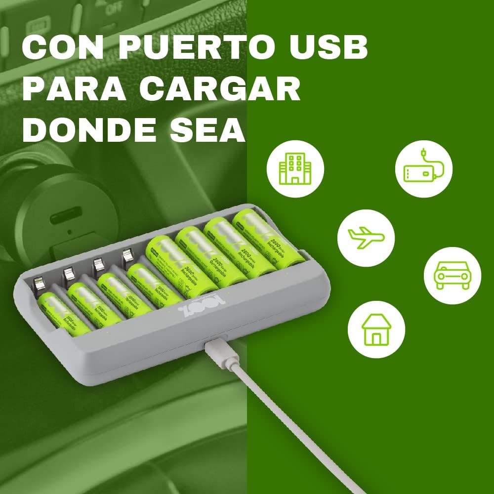 100%PeakPower Cargador Pilas Recargables AA y AAA