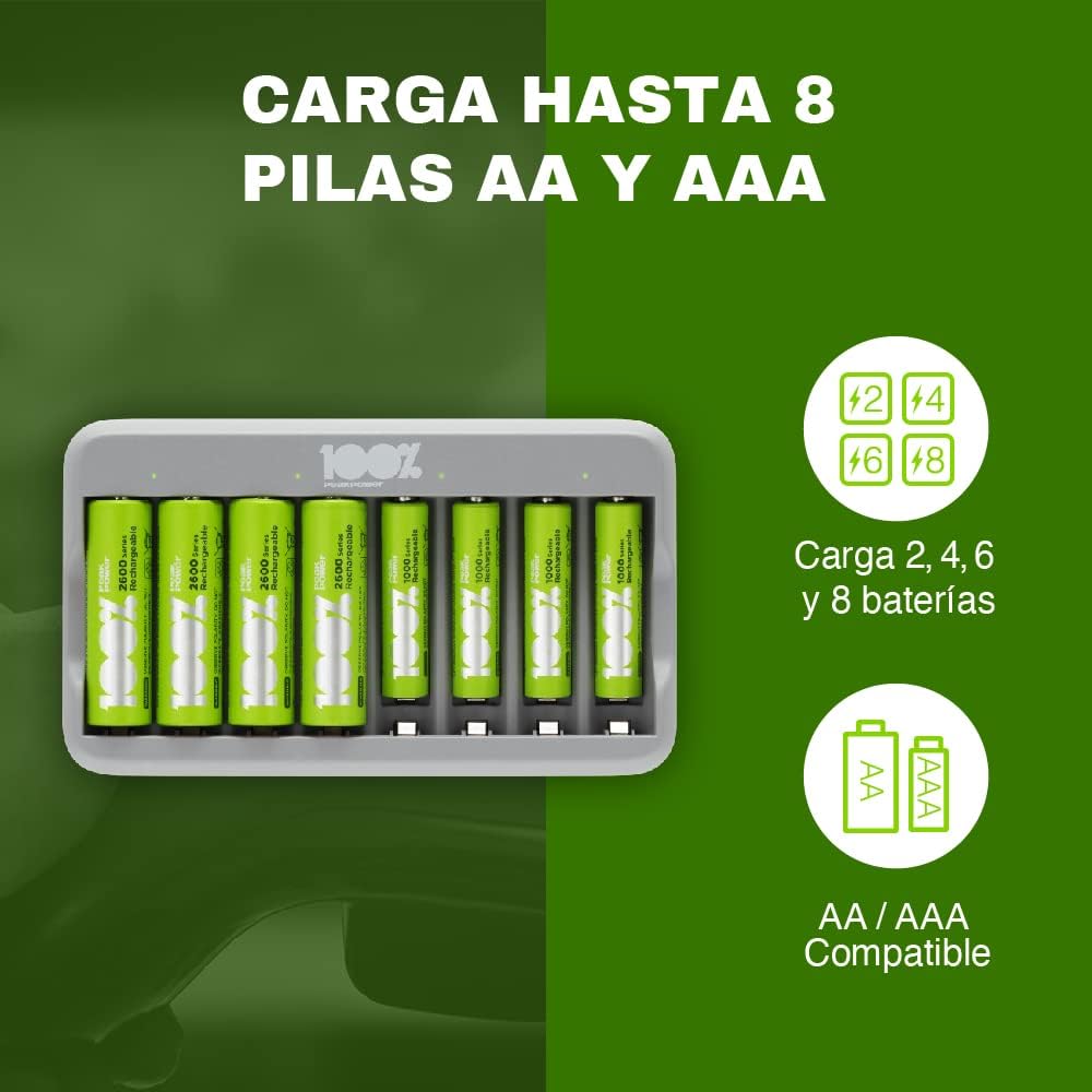 100%PeakPower Cargador Pilas Recargables AA y AAA