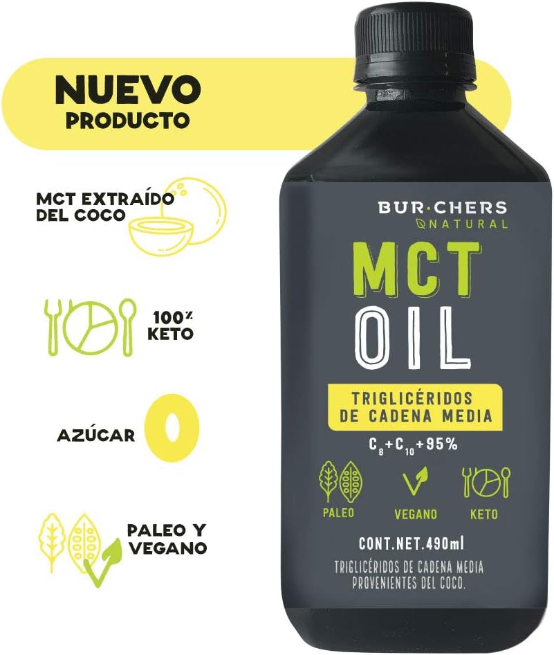 MCT Oil (C8+C10 95%) 490ml trigliceridos de cadena media / Paleo / Vegano / Keto / Burchers Natural