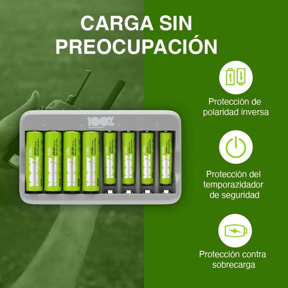 100%PeakPower Cargador Pilas Recargables AA y AAA