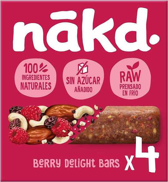 Nākd. Berry Delight - Barritas Raw de Fruta y Frutos Secos - Sin Azúcar Añadido - 4 x 35g - 140g