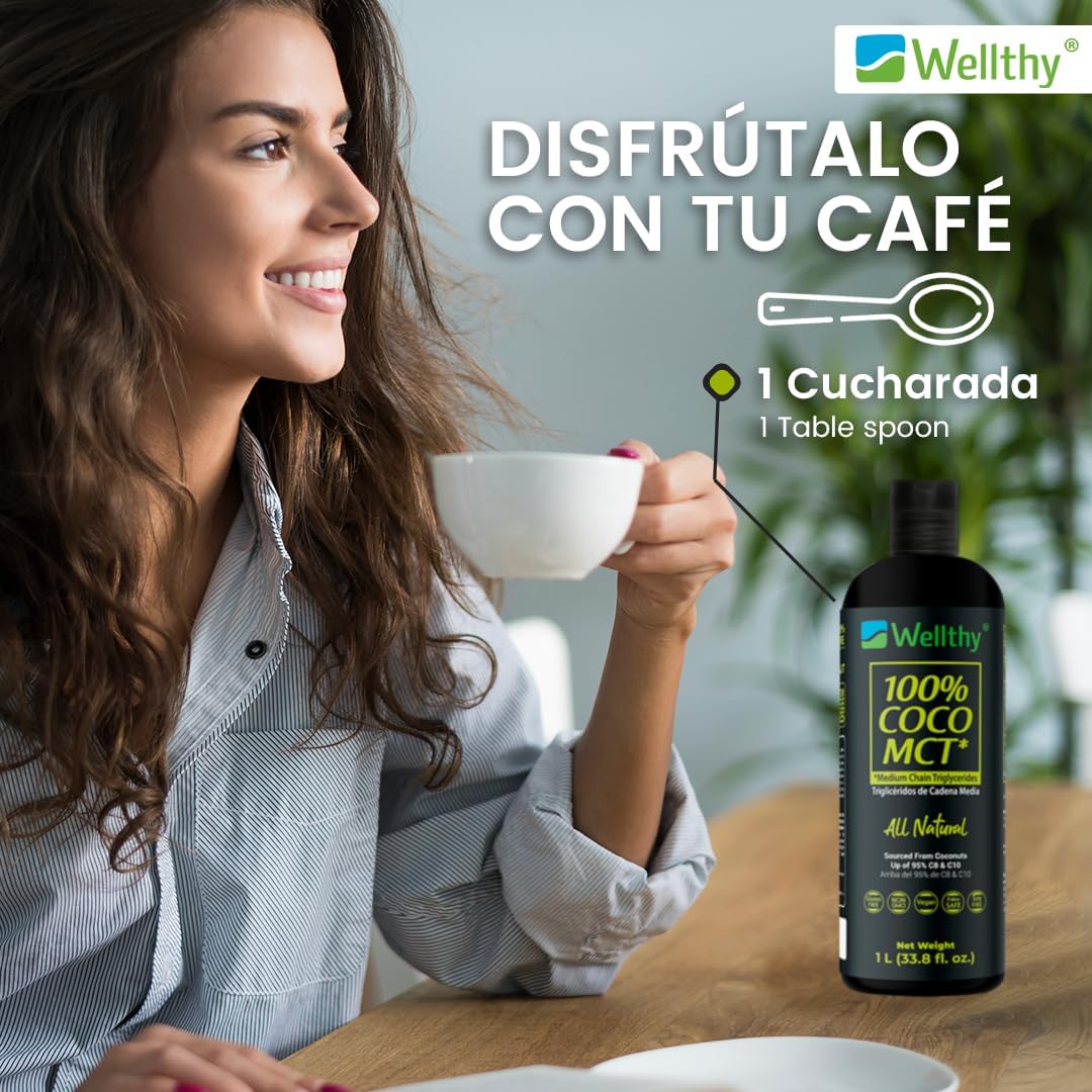 Wellthy MCT Oil 1 Litro, 66 Porciones, Ácido Caprílico 100% Puro y Natural de Coco, KETO y Paleo Safe