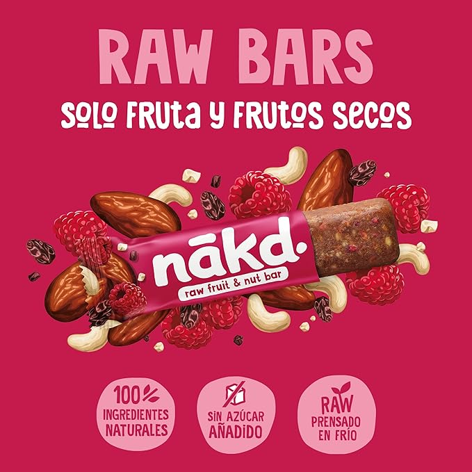 Nākd. Berry Delight - Barritas Raw de Fruta y Frutos Secos - Sin Azúcar Añadido - 4 x 35g - 140g