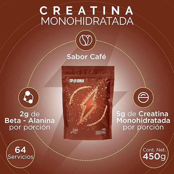 SUPER HUMAN - Creatina Monohidratada PREMIUM + Beta Alanina 450g - Suplemento Alimenticio, Sabor Café