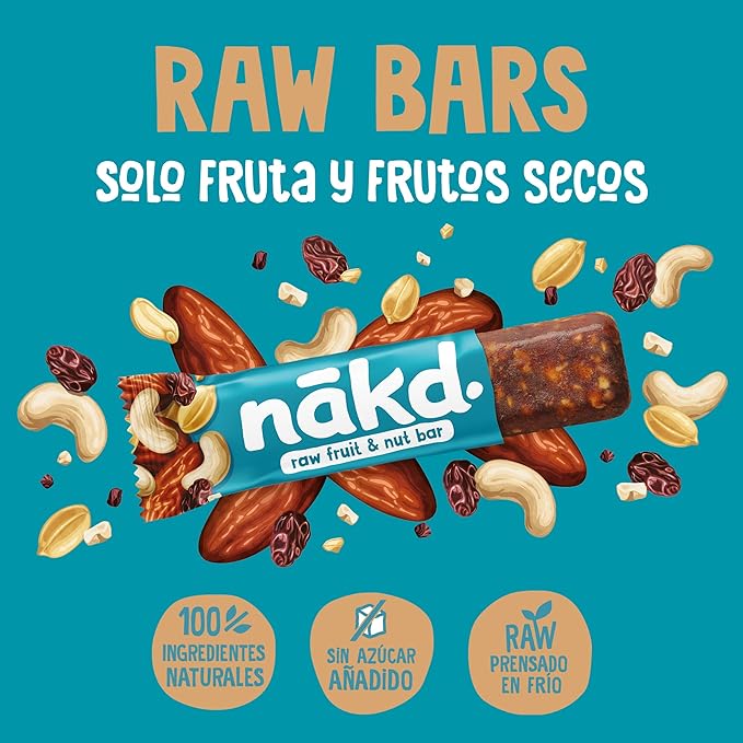 Nākd. Salted Caramel - Barritas Raw de Fruta y Frutos Secos - Sin Azúcar Añadido - 4 x 35g - 140g