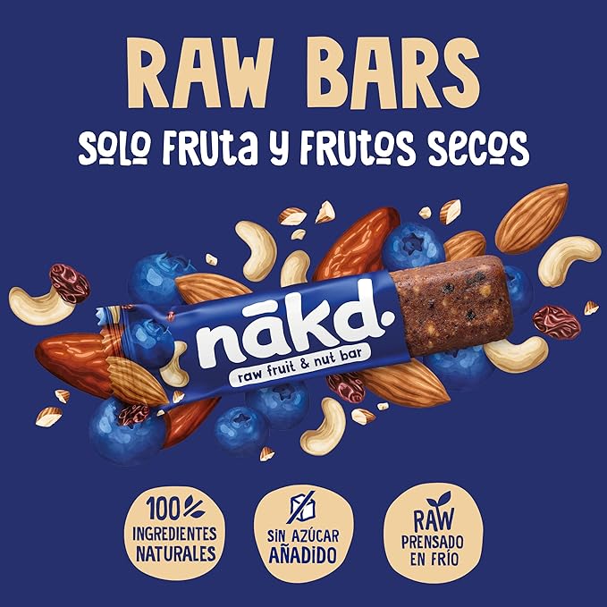 Nākd. Blueberry Muffin - Barritas Raw de Fruta y Frutos Secos - Sin Azúcar Añadido - 4 x 35g - 140g