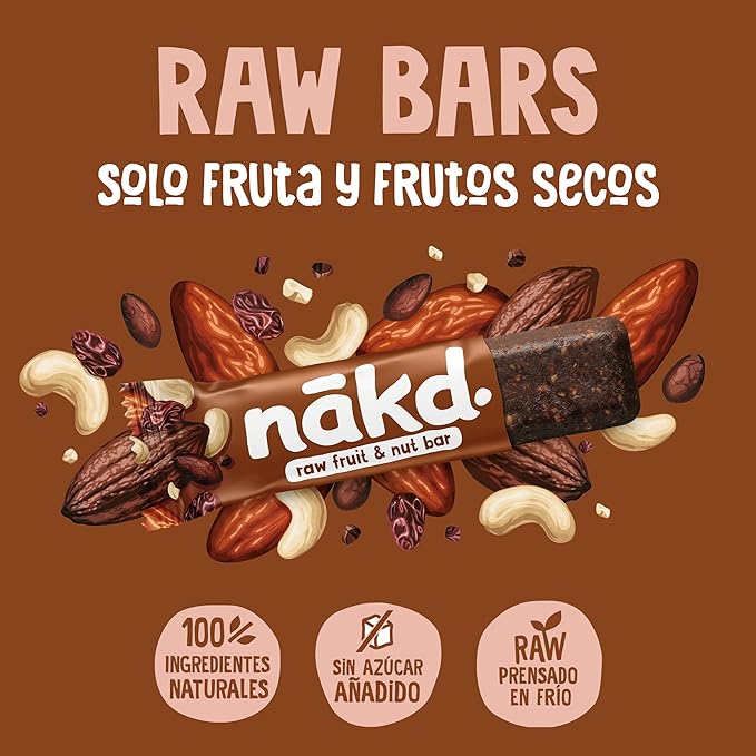 Nākd. Cocoa Delight - Barritas Raw de Fruta y Frutos Secos - Sin Azúcar Añadido - 4 x 35g - 140g