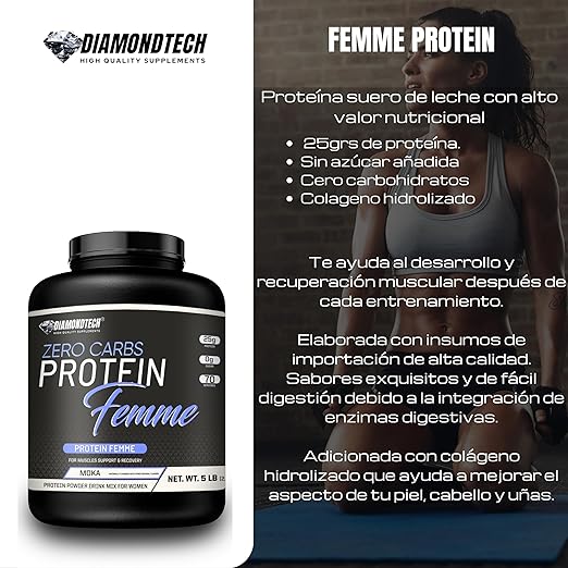 Diamondtech Proteina Whey Femme mujer Zero carbs 5lbs con Colágeno Hidrolizado (CHOCOLATE)