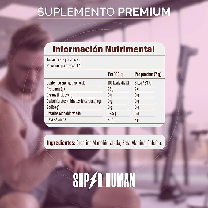 SUPER HUMAN - Creatina Monohidratada PREMIUM + Beta Alanina 450g - Suplemento Alimenticio, Sabor Café