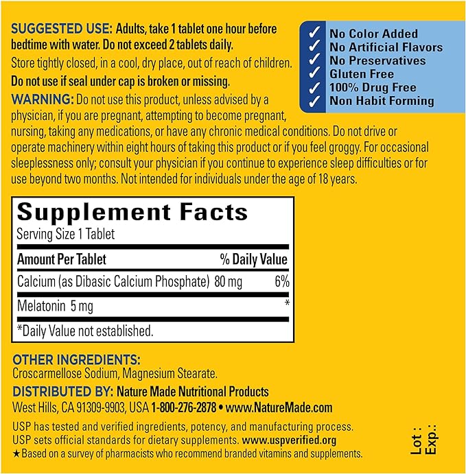 Nature Made Melatonin Tablets, 5 Mg  - 90 Count