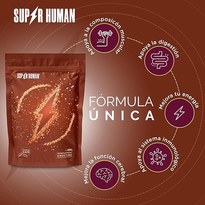 SUPER HUMAN - Creatina Monohidratada PREMIUM + Beta Alanina 450g - Suplemento Alimenticio, Sabor Café