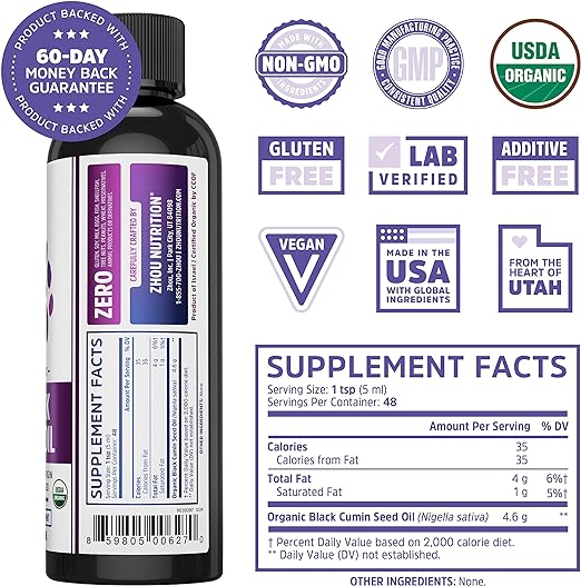 Certified Organic Black Seed Oil, 100% Virgin, Cold Pressed Omega 3-6-9