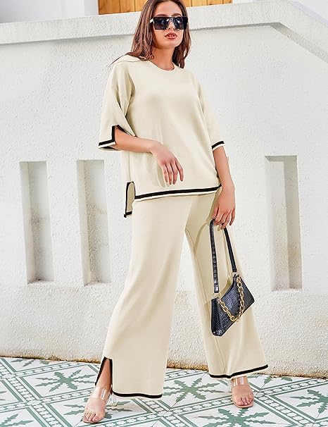 Tanming - Conjunto de suéter manga corta de punto y pantalones de pierna ancha