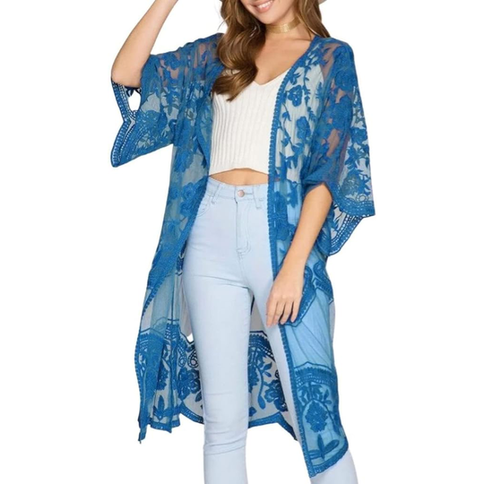 Bsubseach Mujer Kimono Cárdigan de Playa Traje de Baño Camisola y Pareos - A-Azul oscuro 1