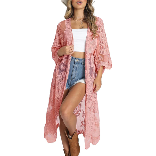 Bsubseach Mujer Kimono Cárdigan de Playa Traje de Baño Camisola y Pareos - E-Rosa