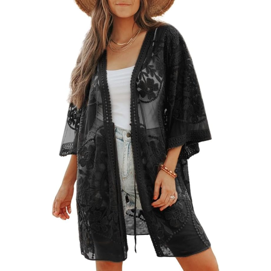 Bsubseach Mujer Traje de Baño Sexy Crochet Kimono Verano, Camisola y Pareos - D-Negro
