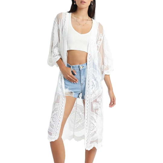Bsubseach Mujer Kimono Cárdigan de Playa Traje de Baño Camisola y Pareos - E-Blanco