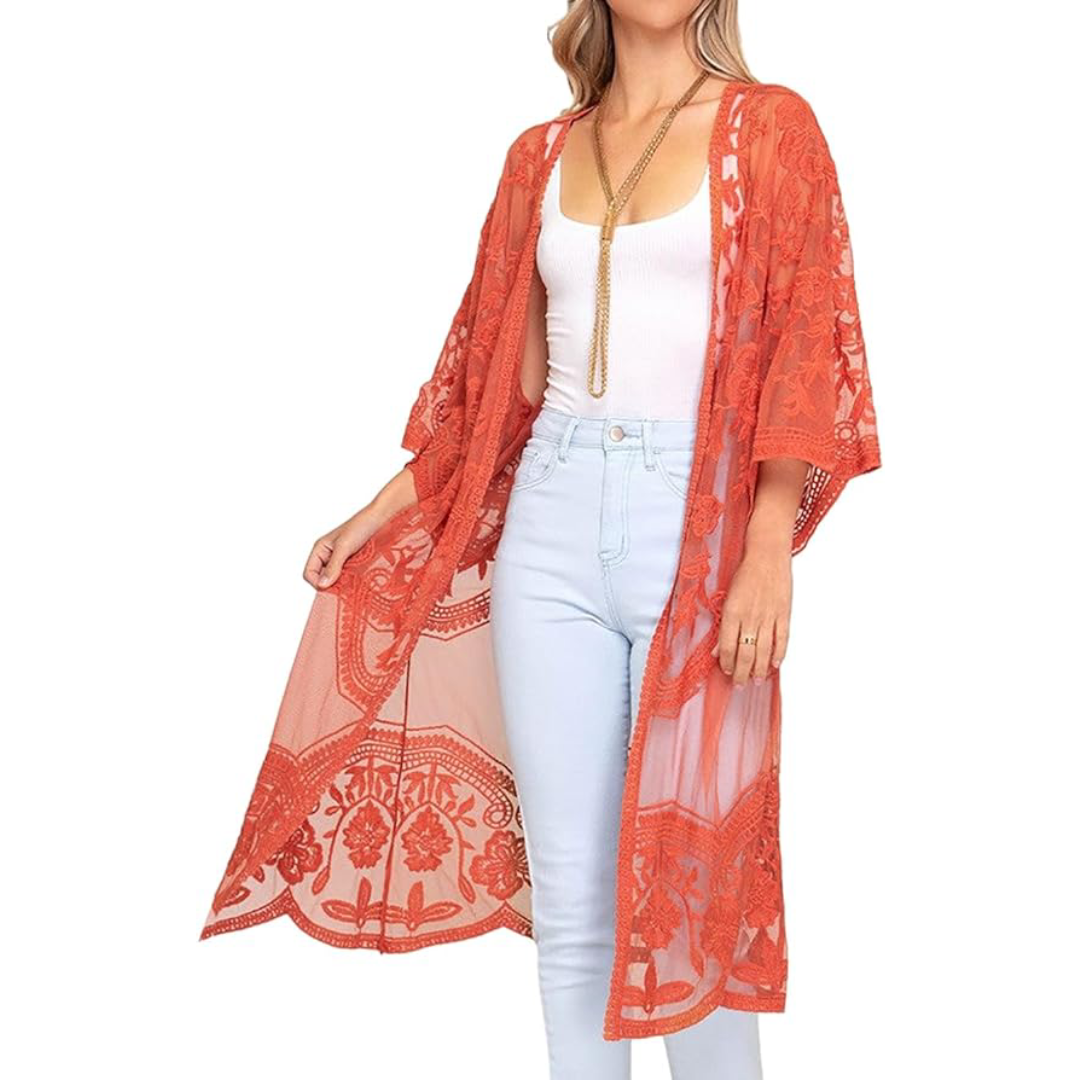 Bsubseach Mujer Kimono Cárdigan de Playa Traje de Baño Camisola y Pareos - A-Naranja