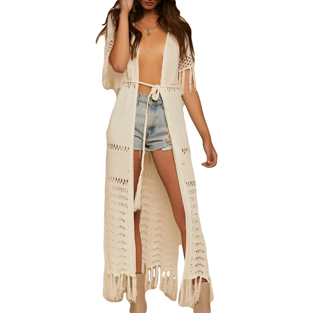 Bsubseach Mujer Traje de Baño Sexy Crochet Kimono Verano, Camisola y Pareos - Beige