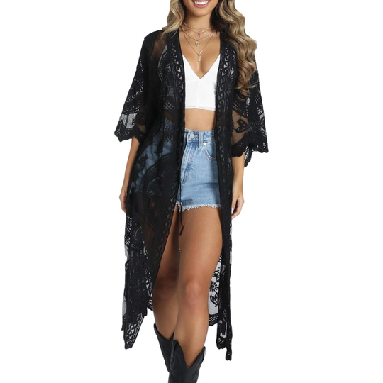 Bsubseach Mujer Kimono Cárdigan de Playa Traje de Baño Camisola y Pareos - E-Negro