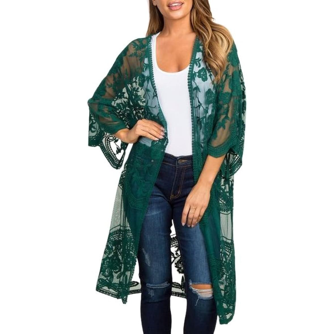 Bsubseach Mujer Kimono Cárdigan de Playa Traje de Baño Camisola y Pareos - A-Verde oscuro