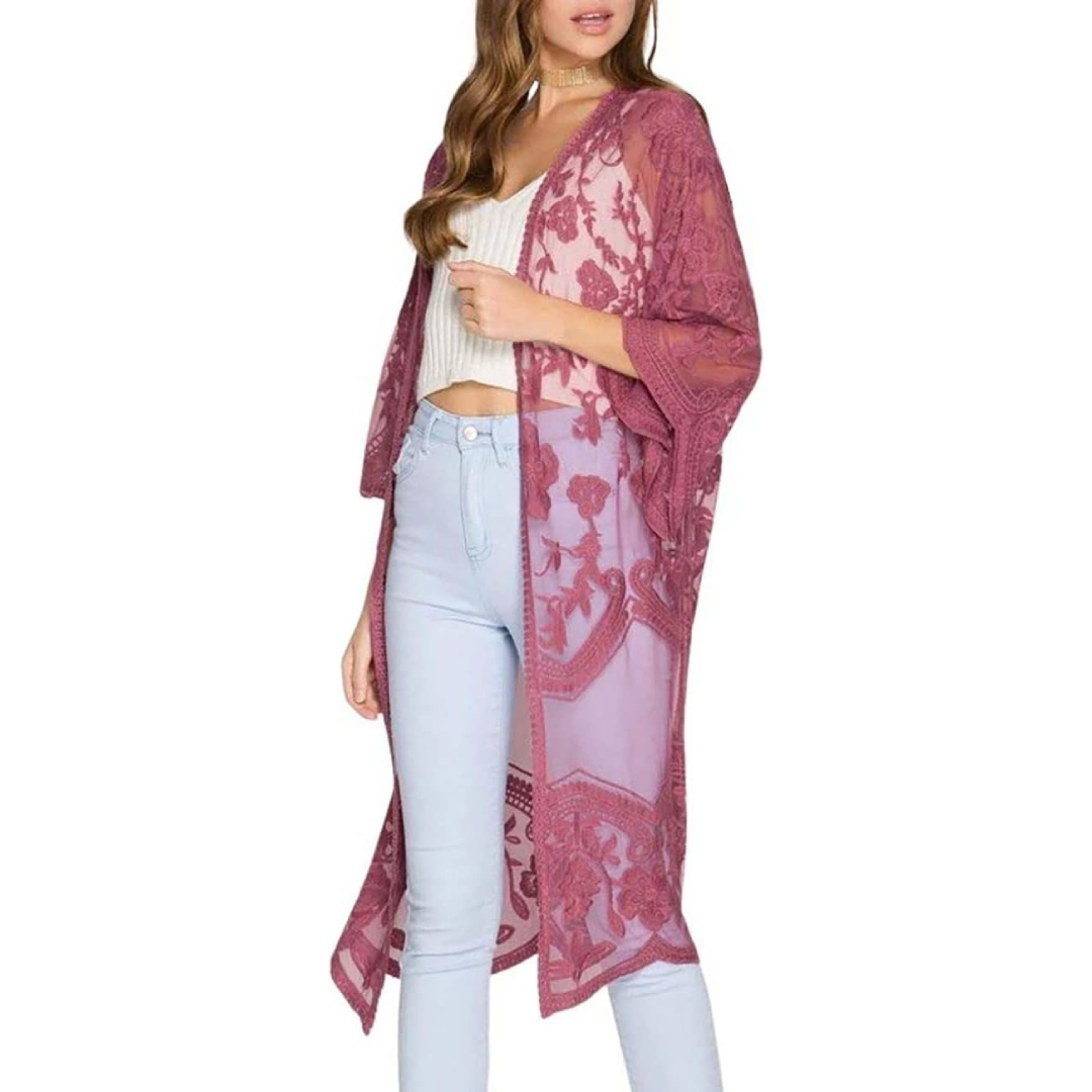 Bsubseach Mujer Kimono Cárdigan de Playa Traje de Baño Camisola y Pareos - A-Rosa oscuro