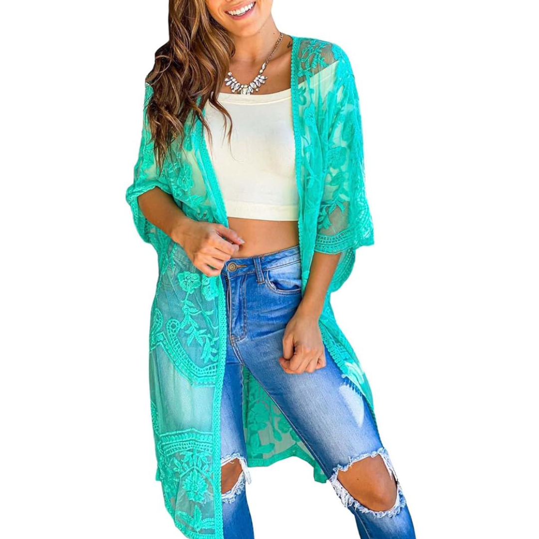 Bsubseach Mujer Kimono Cárdigan de Playa Traje de Baño Camisola y Pareos - A-Lake Verde