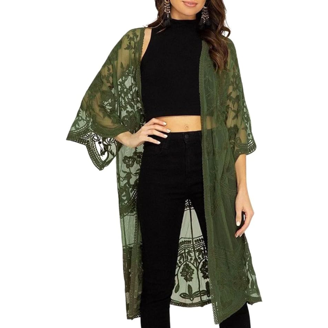 Bsubseach Mujer Kimono Cárdigan de Playa Traje de Baño Camisola y Pareos - A-Verde