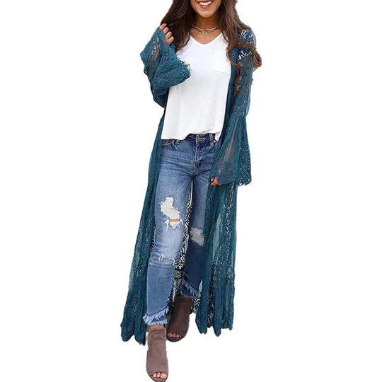 Bsubseach Mujer Traje de Baño Sexy Crochet Kimono Verano, Camisola y Pareos - F-Pavo real Azul