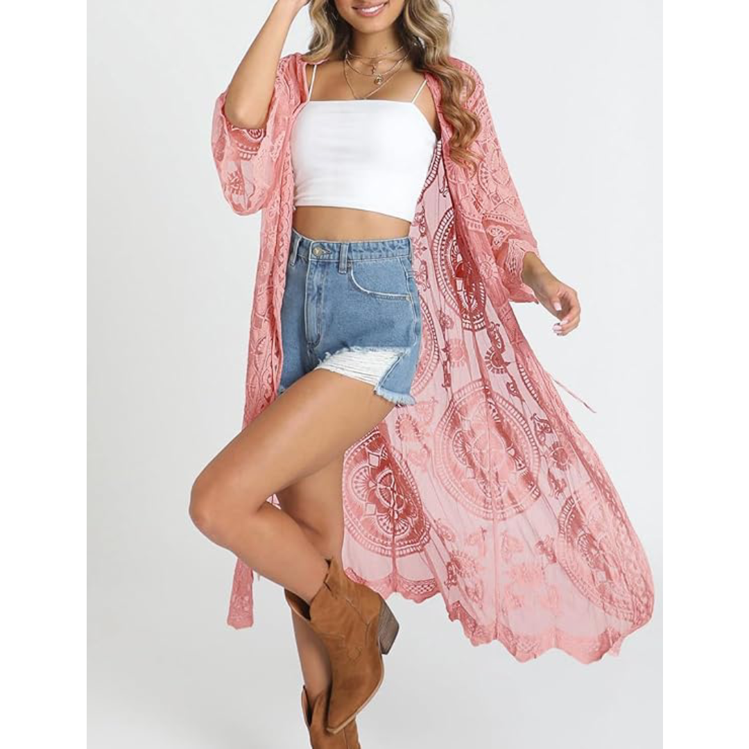 Bsubseach Mujer Kimono Cárdigan de Playa Traje de Baño Camisola y Pareos - E-Rosa