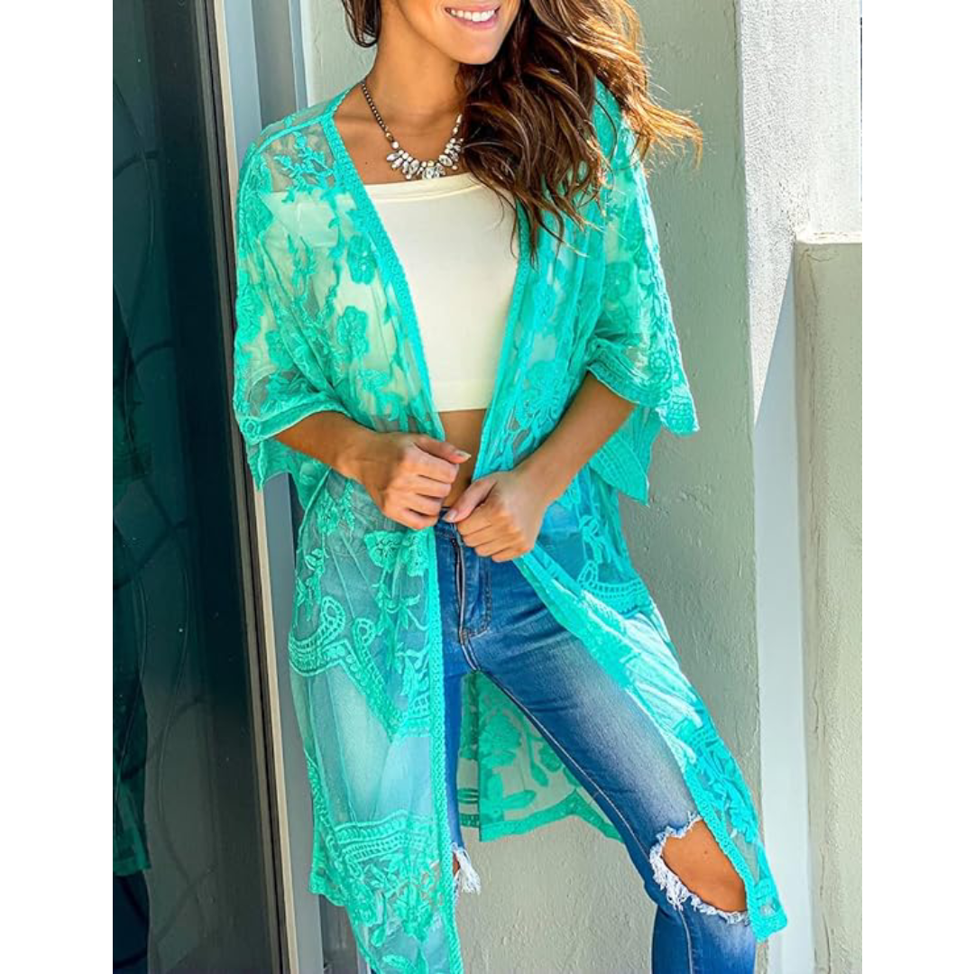 Bsubseach Mujer Kimono Cárdigan de Playa Traje de Baño Camisola y Pareos - A-Lake Verde
