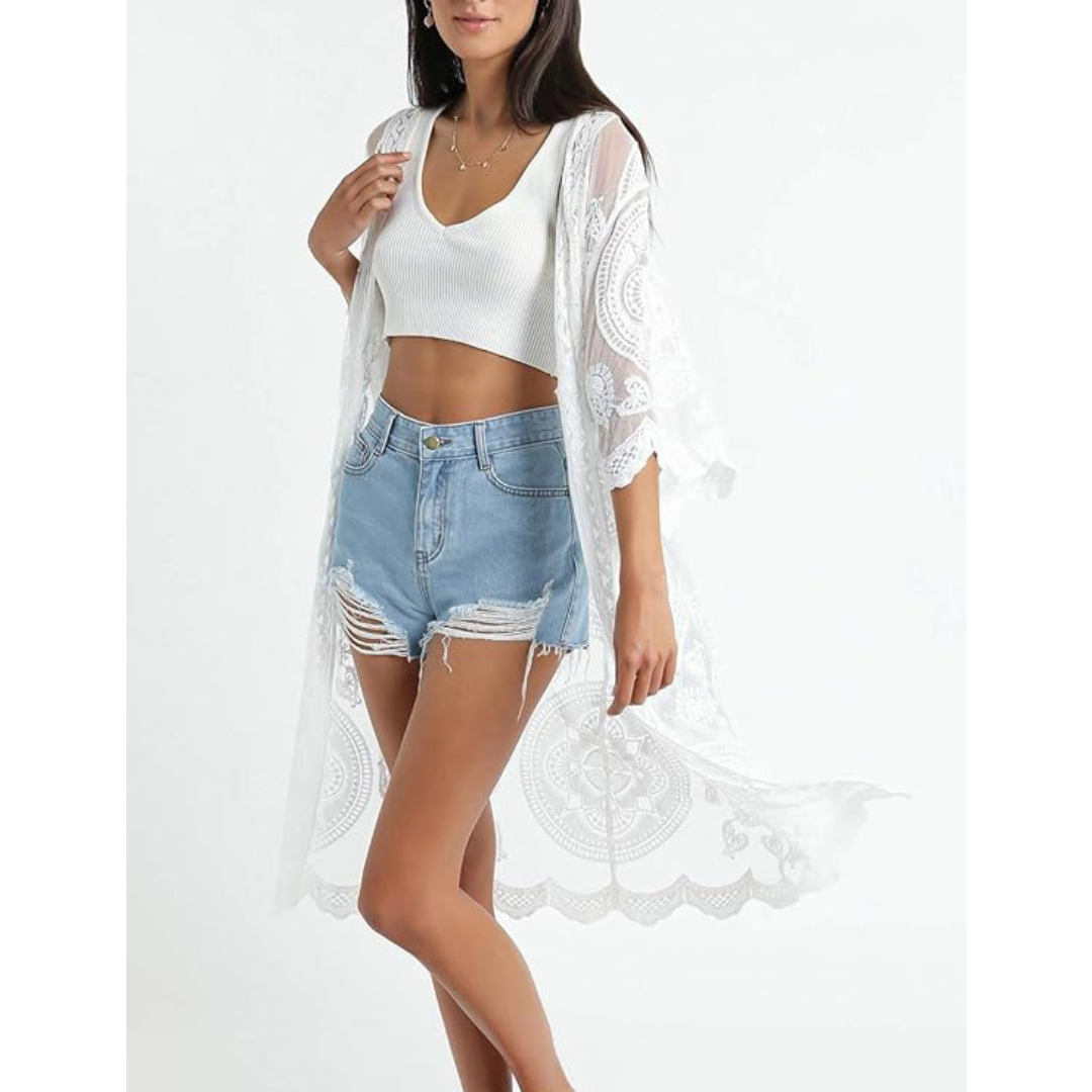 Bsubseach Mujer Kimono Cárdigan de Playa Traje de Baño Camisola y Pareos - E-Blanco