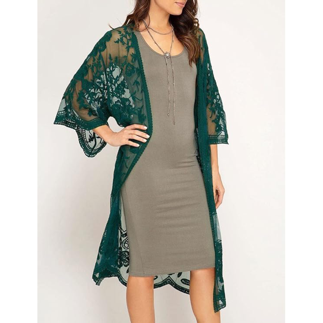 Bsubseach Mujer Kimono Cárdigan de Playa Traje de Baño Camisola y Pareos - A-Verde oscuro