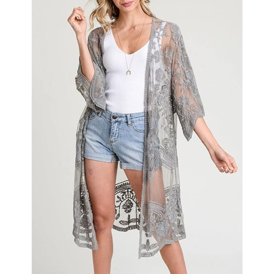 Bsubseach Mujer Kimono Cárdigan de Playa Traje de Baño Camisola y Pareos - A-Gris