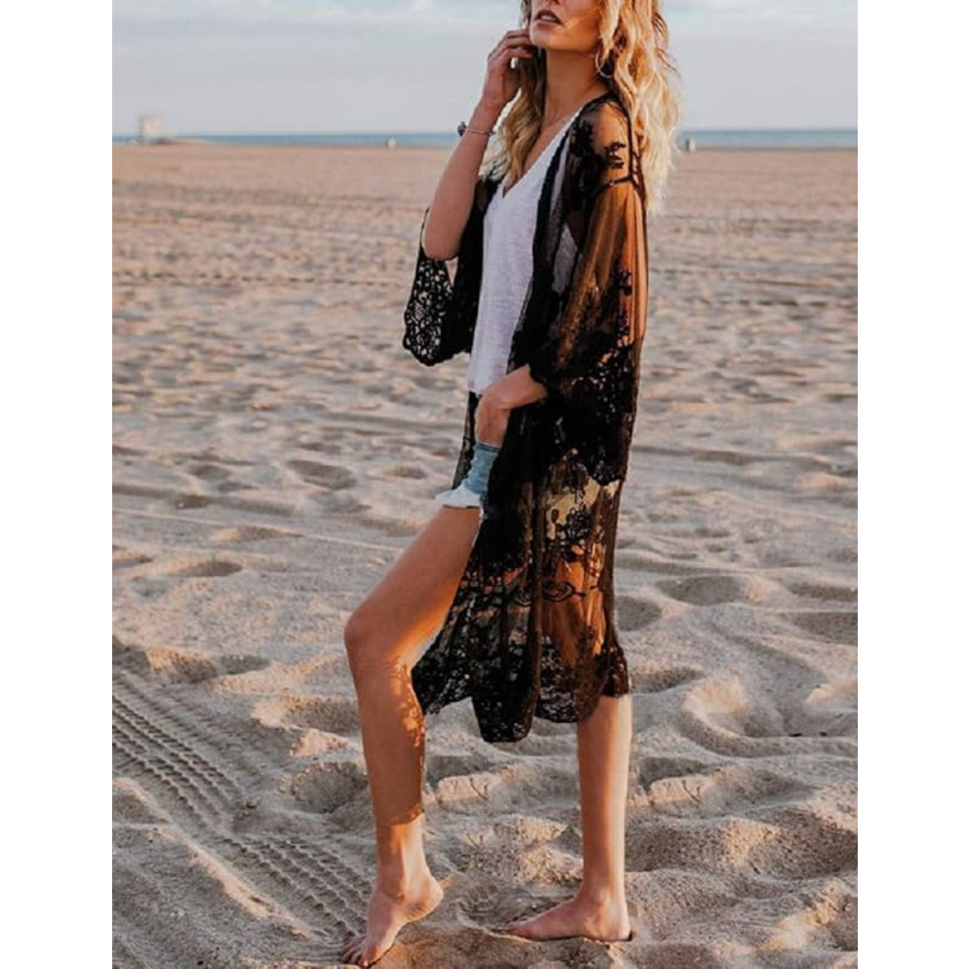 Bsubseach Mujer Traje de Baño Sexy Crochet Kimono Verano, Camisola y Pareos - B-Negro