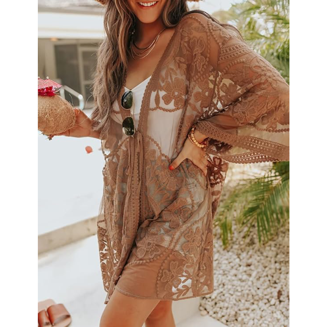 Bsubseach Mujer Traje de Baño Sexy Crochet Kimono Verano, Camisola y Pareos - Caqui