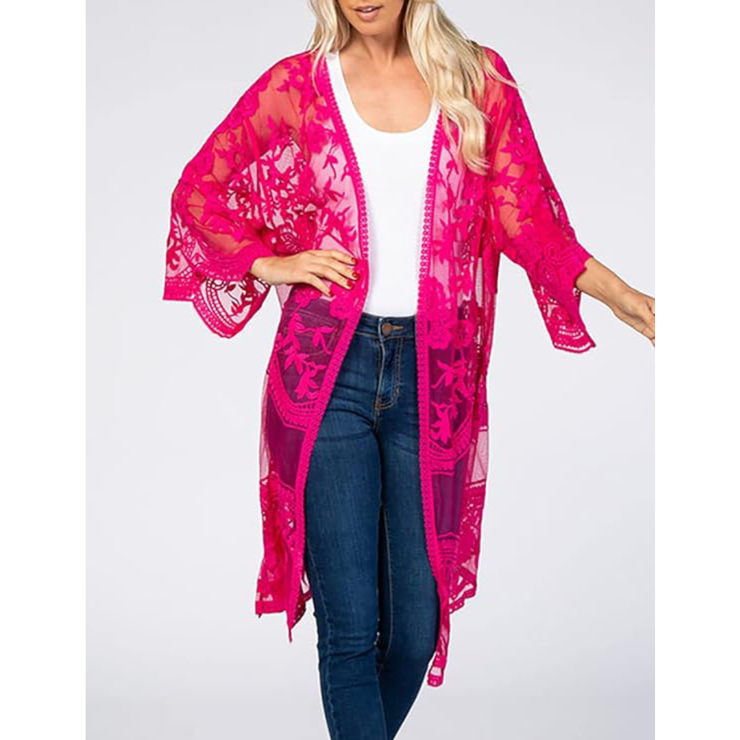Bsubseach Mujer Kimono Cárdigan de Playa Traje de Baño Camisola y Pareos - A-Rose red