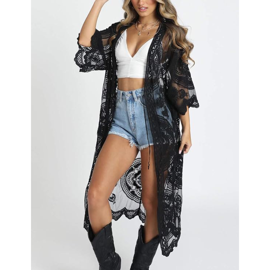 Bsubseach Mujer Kimono Cárdigan de Playa Traje de Baño Camisola y Pareos - E-Negro