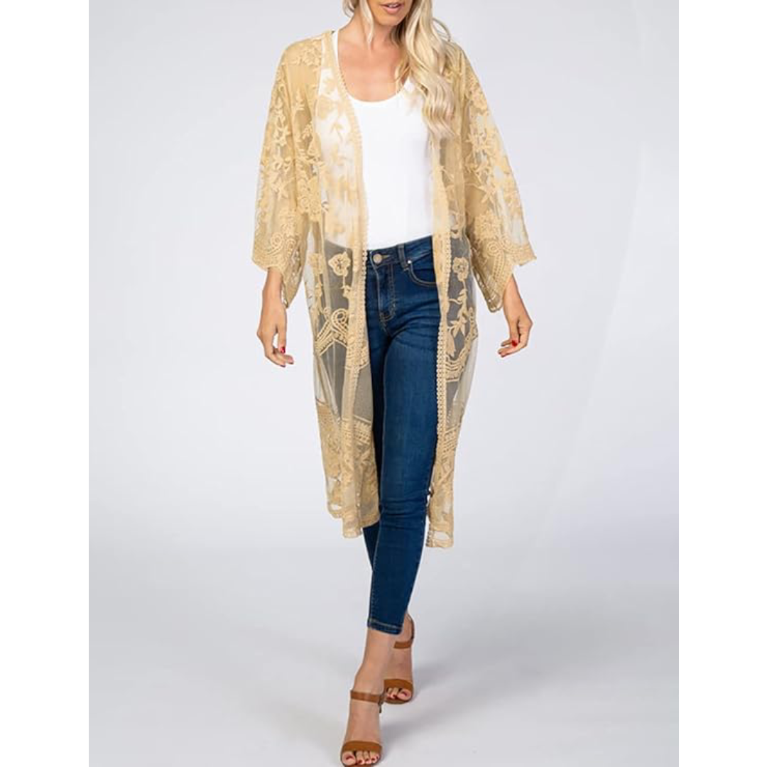 Bsubseach Mujer Kimono Cárdigan de Playa Traje de Baño Camisola y Pareos - A-Apricot