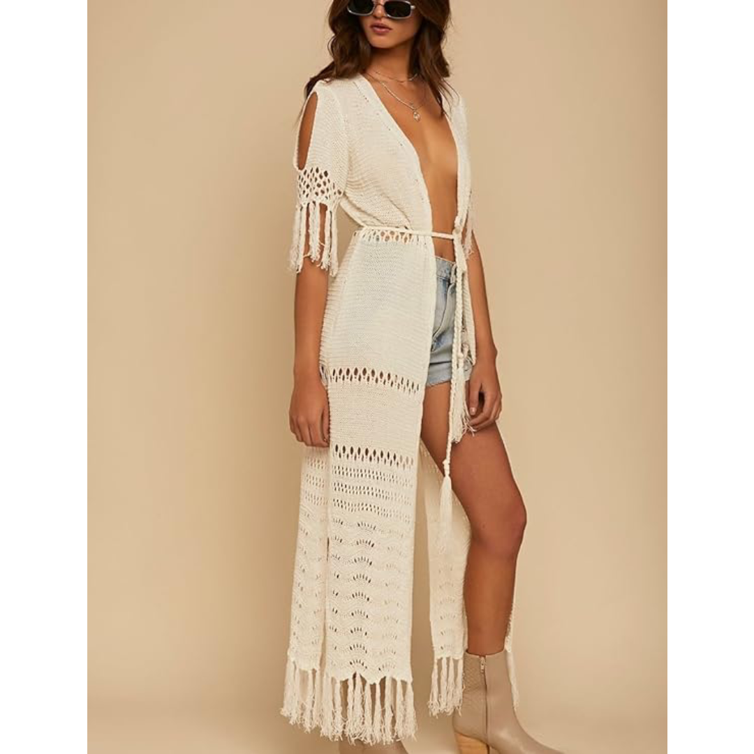 Bsubseach Mujer Traje de Baño Sexy Crochet Kimono Verano, Camisola y Pareos - Beige