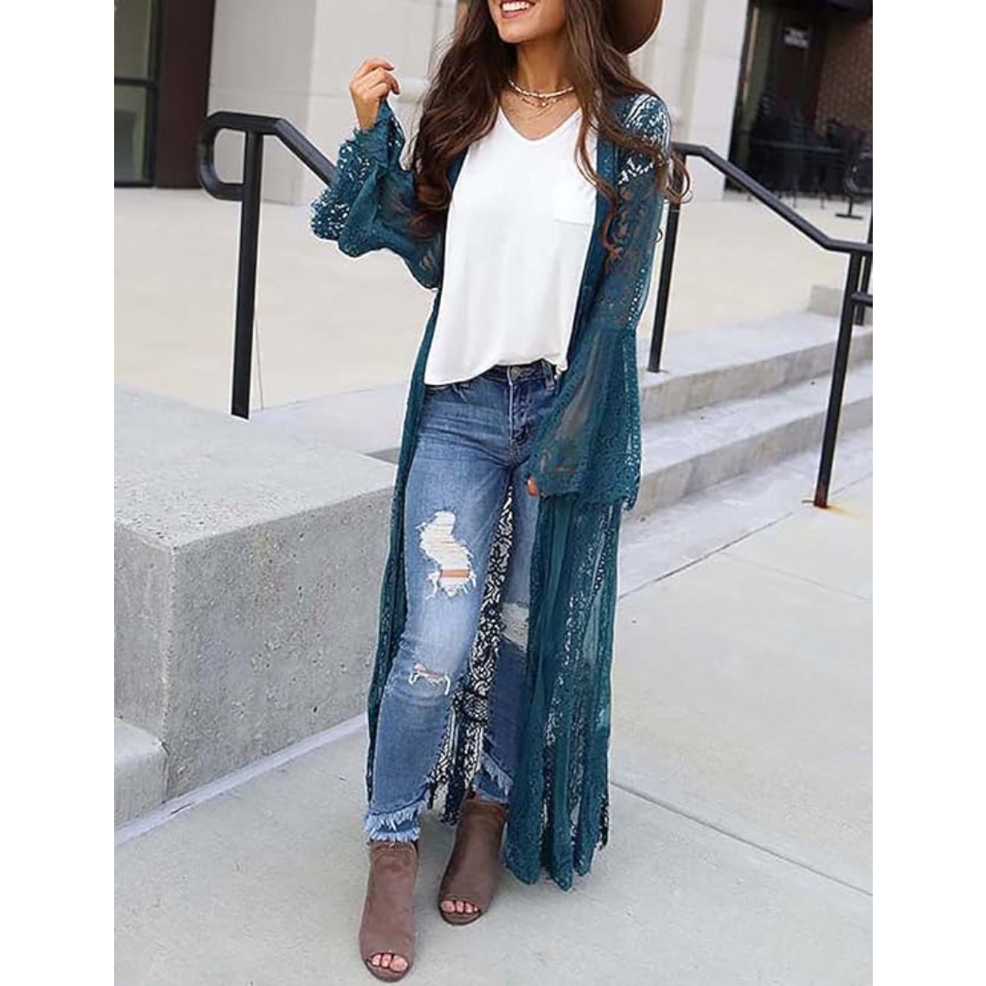 Bsubseach Mujer Traje de Baño Sexy Crochet Kimono Verano, Camisola y Pareos - F-Pavo real Azul