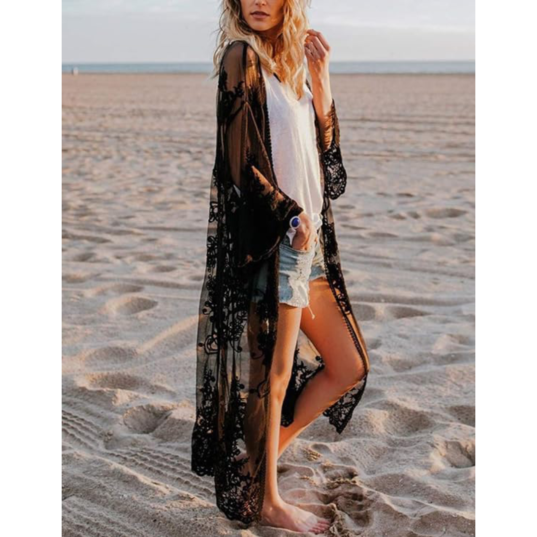 Bsubseach Mujer Traje de Baño Sexy Crochet Kimono Verano, Camisola y Pareos - B-Negro