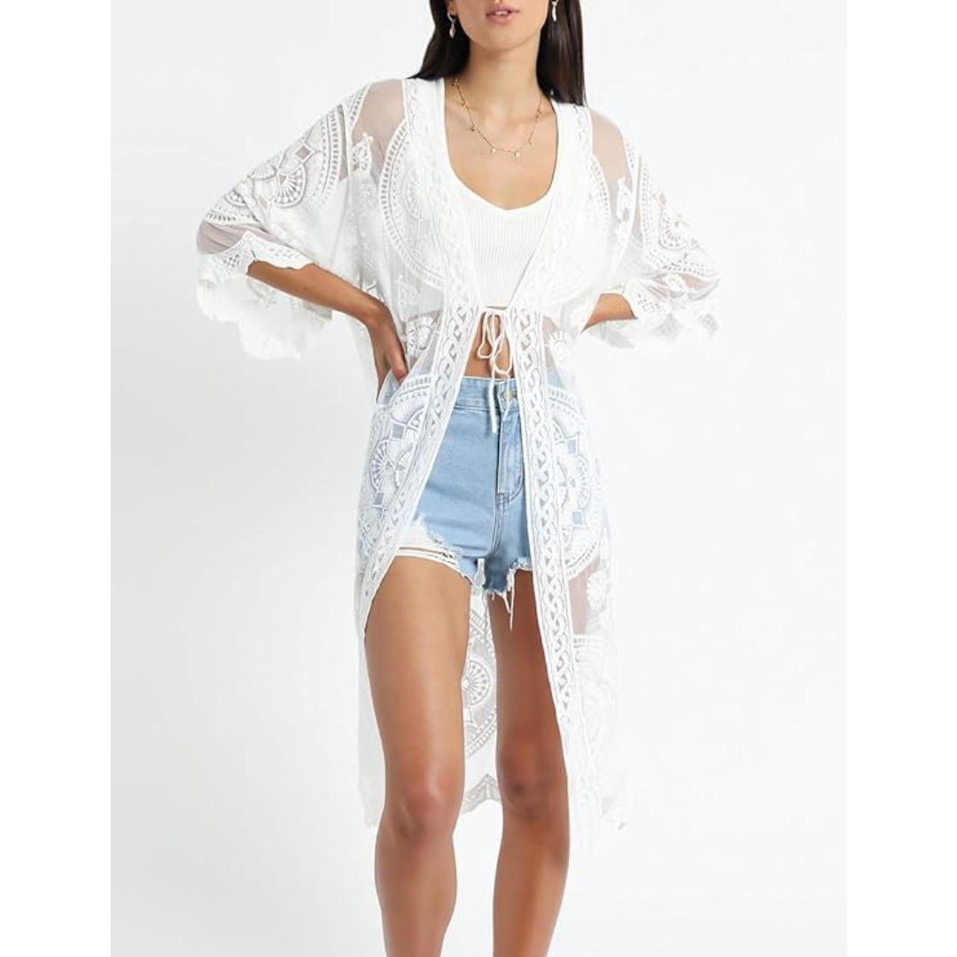 Bsubseach Mujer Kimono Cárdigan de Playa Traje de Baño Camisola y Pareos - E-Blanco