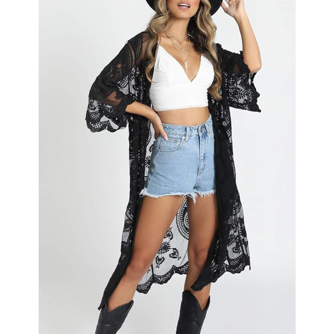 Bsubseach Mujer Kimono Cárdigan de Playa Traje de Baño Camisola y Pareos - E-Negro